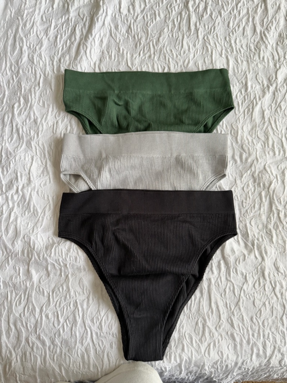 aerie Ribbed High-Cut Bikini Panty Trio in Green, Gray, Black